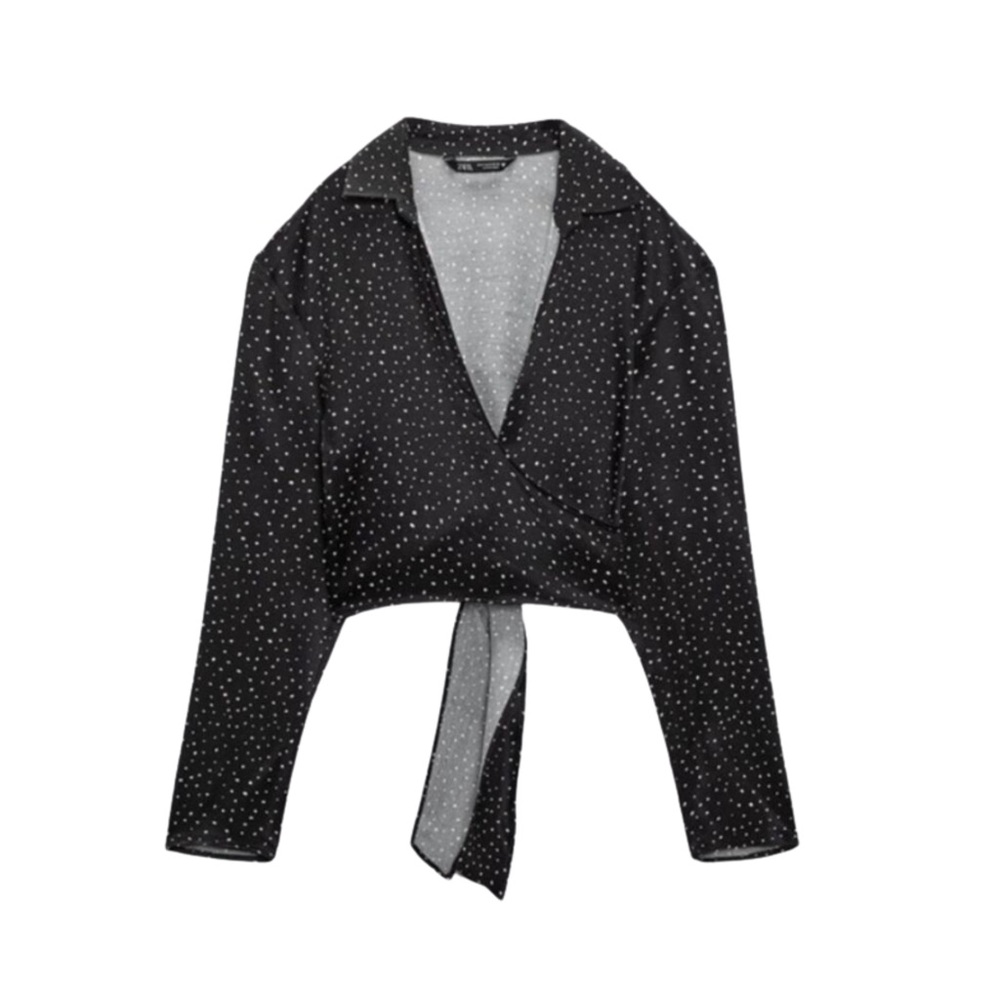 🍋3for$20🍋NWT ZARA Black and White Polka Dot Long Sleeve Satin Wrap Blouse Size S